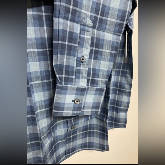 Flag & Anthem Mens Button Up Shirt Plaid Medium Adult Light Blue Navy Stretch - Picture 10 of 13